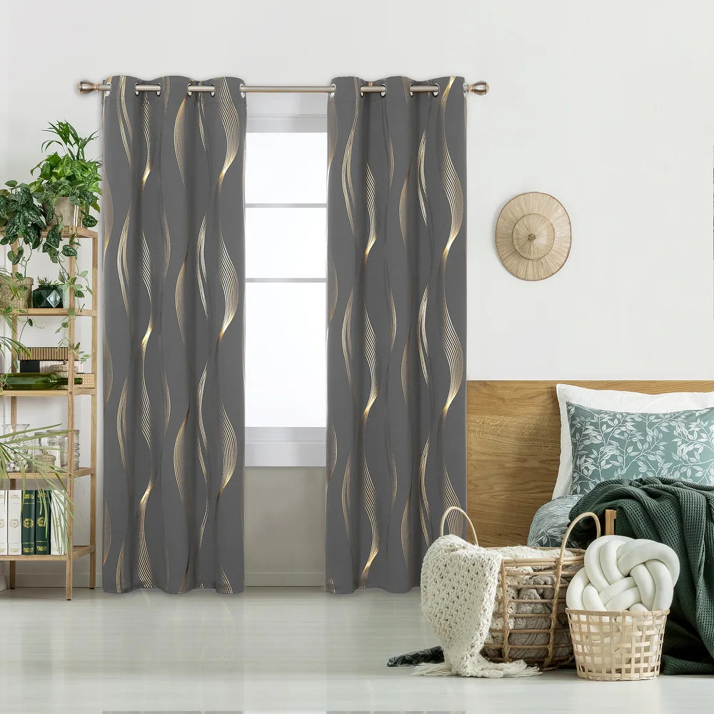 Deconovo Foil-Accented Wave Design Thermal Room Darkening Grommet Curtain Panels, Set of 2