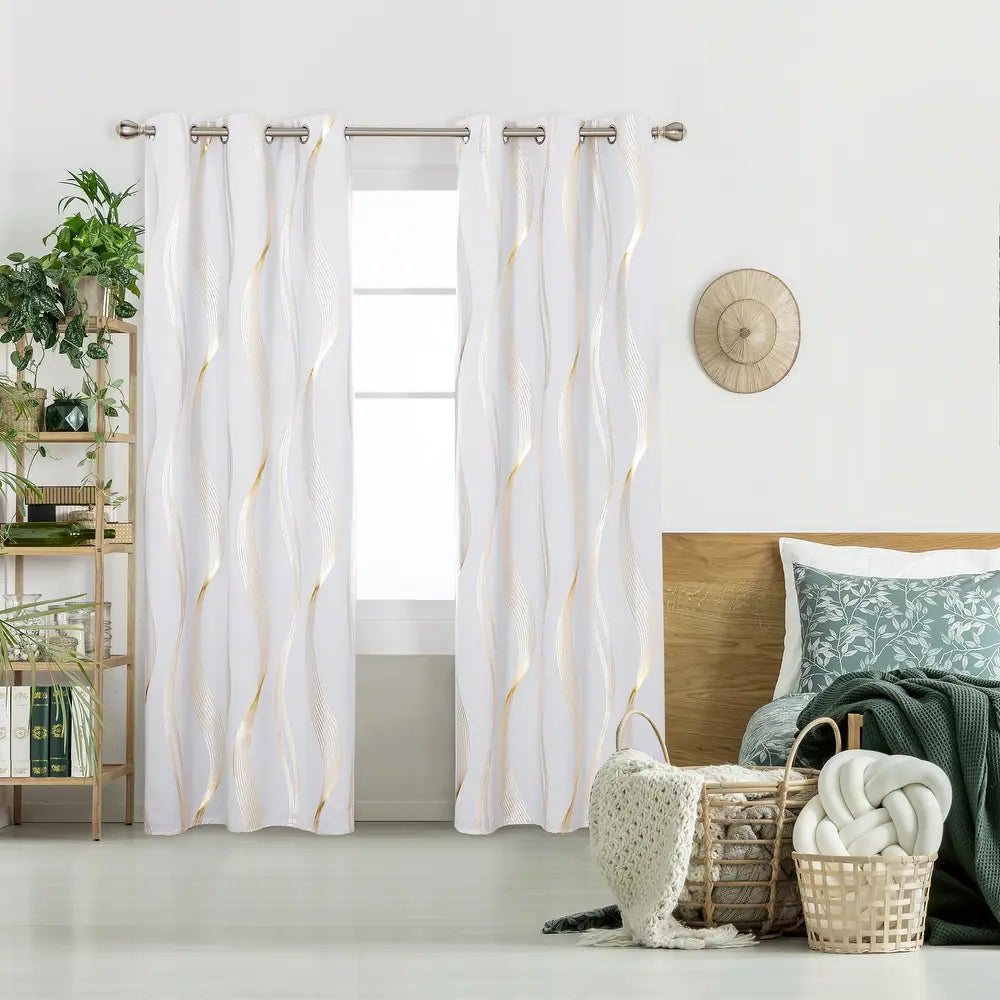 Deconovo Foil-Accented Wave Design Thermal Room Darkening Grommet Curtain Panels, Set of 2