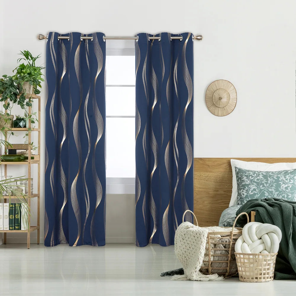Deconovo Foil-Accented Wave Design Thermal Room Darkening Grommet Curtain Panels, Set of 2