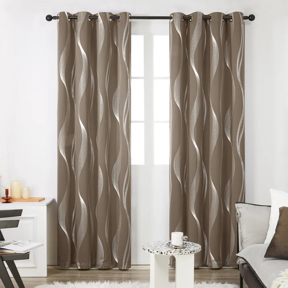 Deconovo Foil-Accented Wave Design Thermal Room Darkening Grommet Curtain Panels, Set of 2