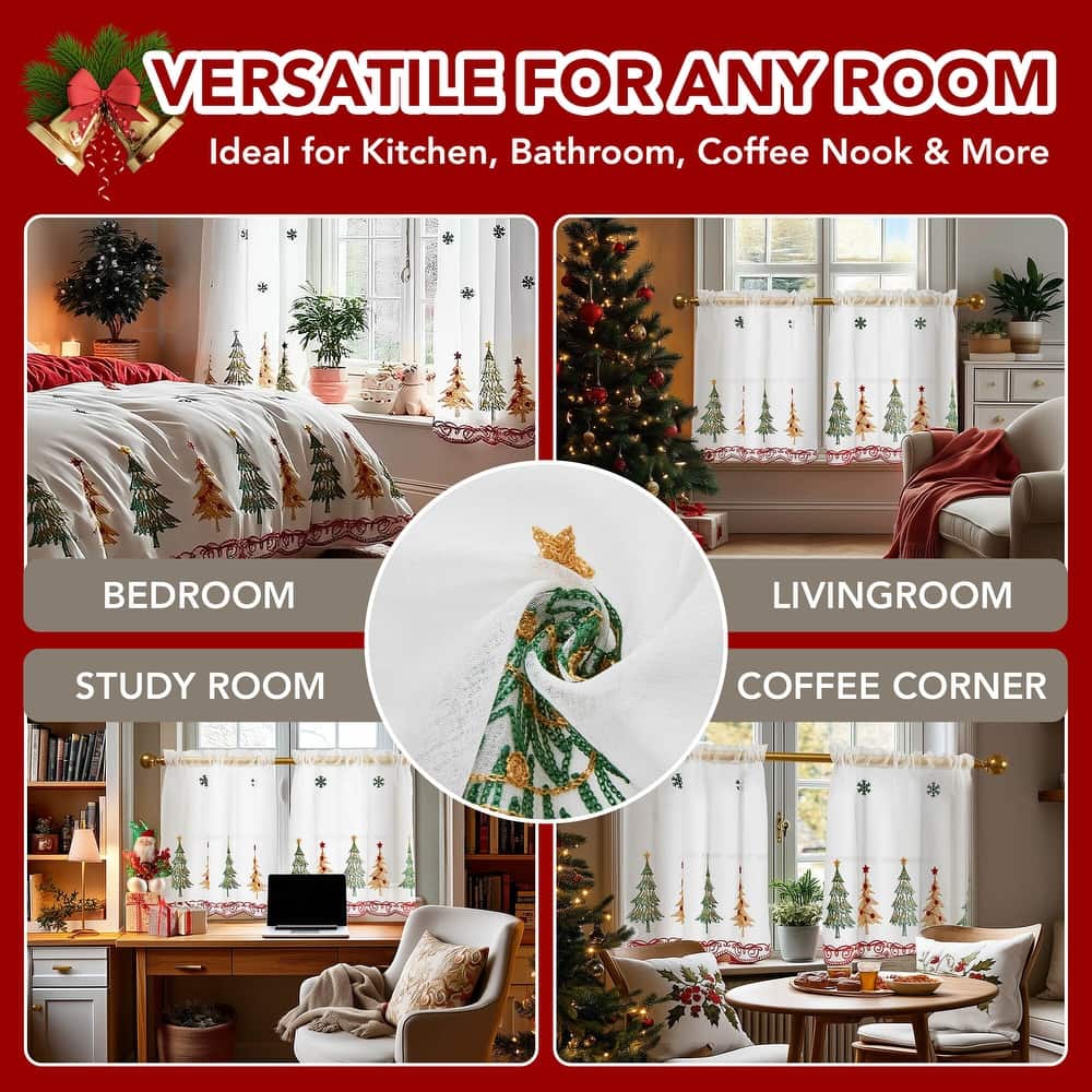 Deconovo Christmas Embroidered Sheer Curtains 2 Panels – Light Filtering Window Treatment