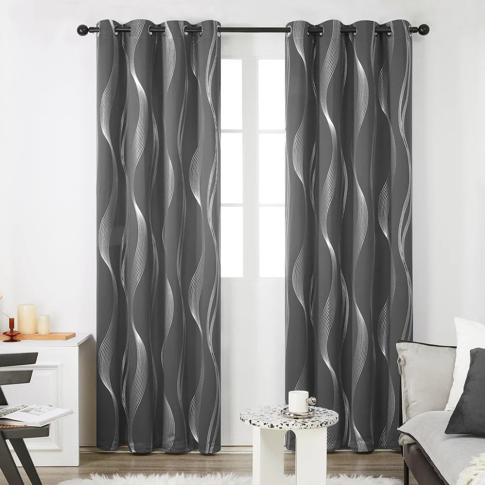 Deconovo Foil-Accented Wave Design Thermal Room Darkening Grommet Curtain Panels, Set of 2