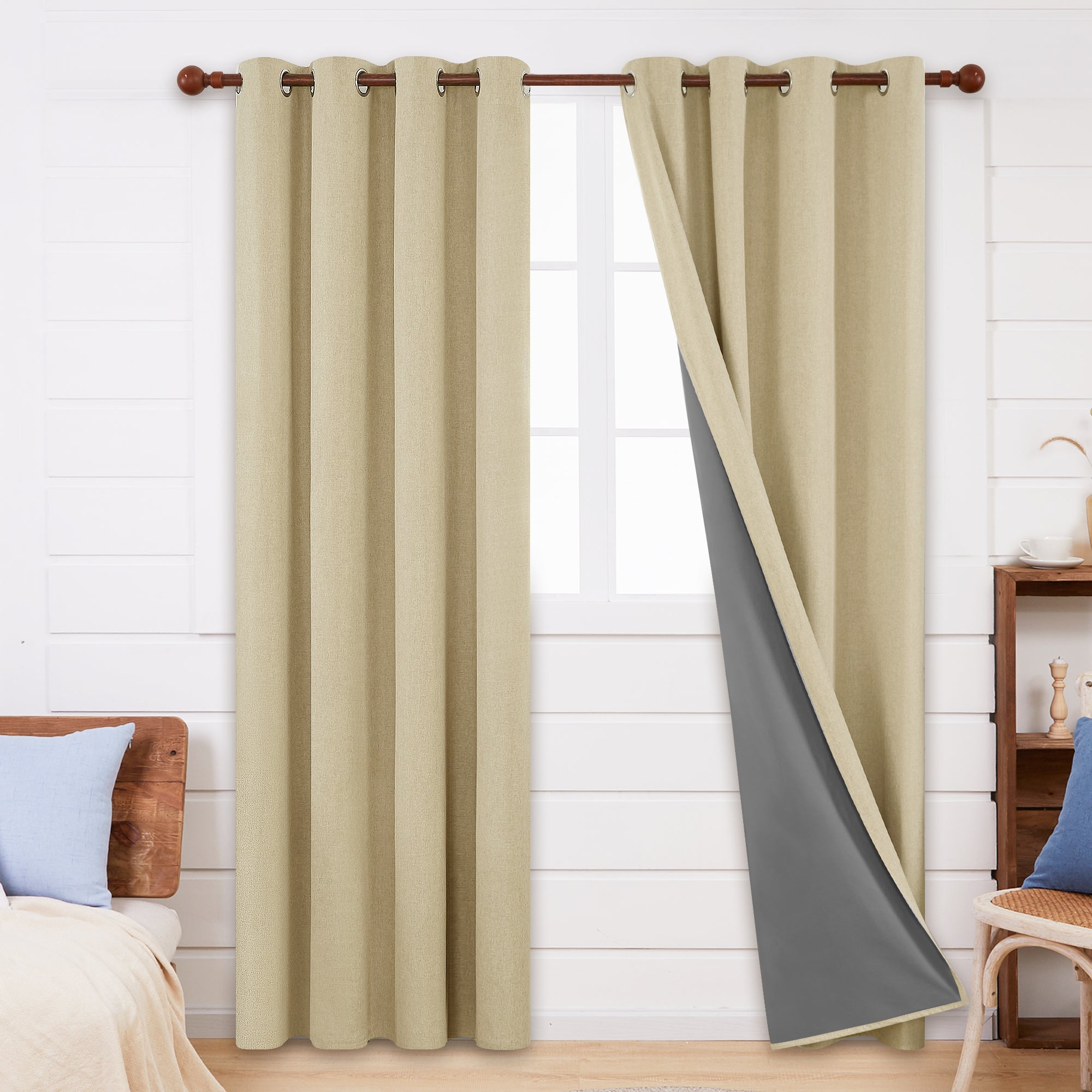 Deconovo Faux Linen Total Blackout with Coating Curtains (2 Panel)