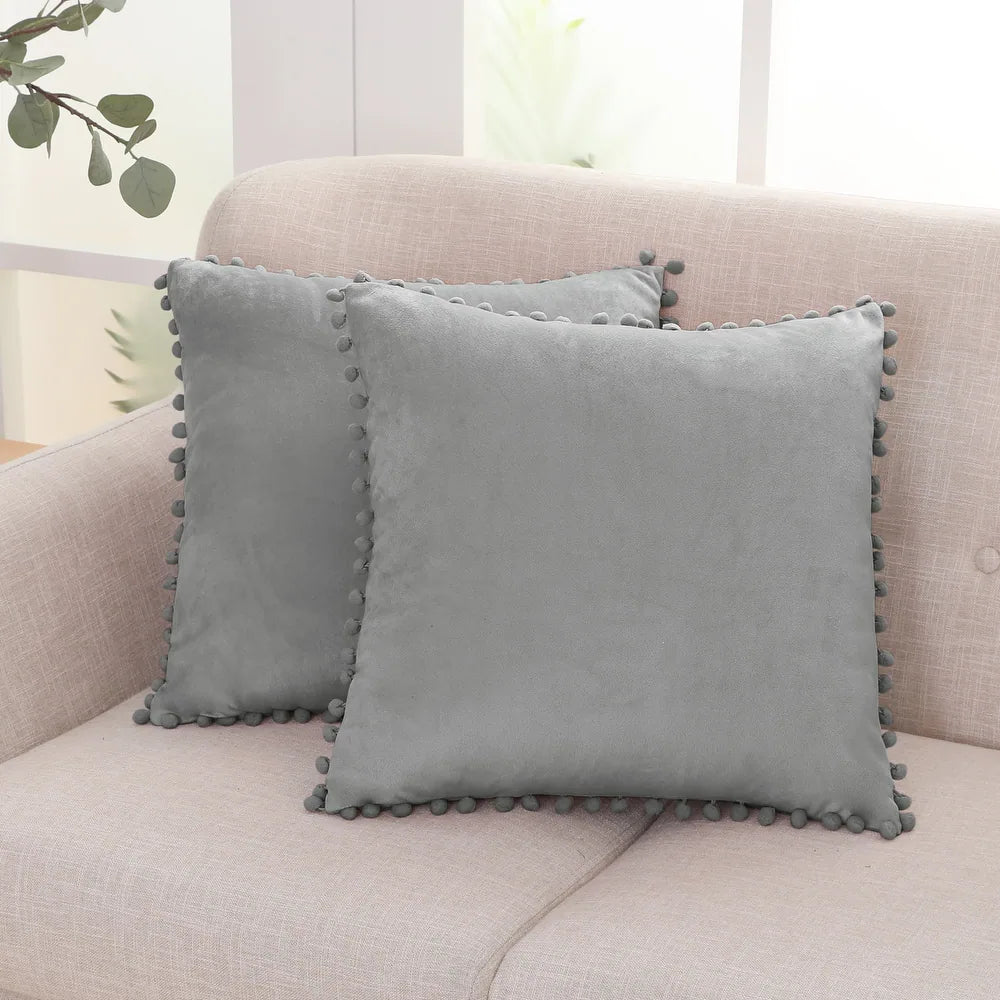 Deconovo Velvet Pom Pom Trim Throw Pillow Cover Set with Hidden Zipper, 2 Pack