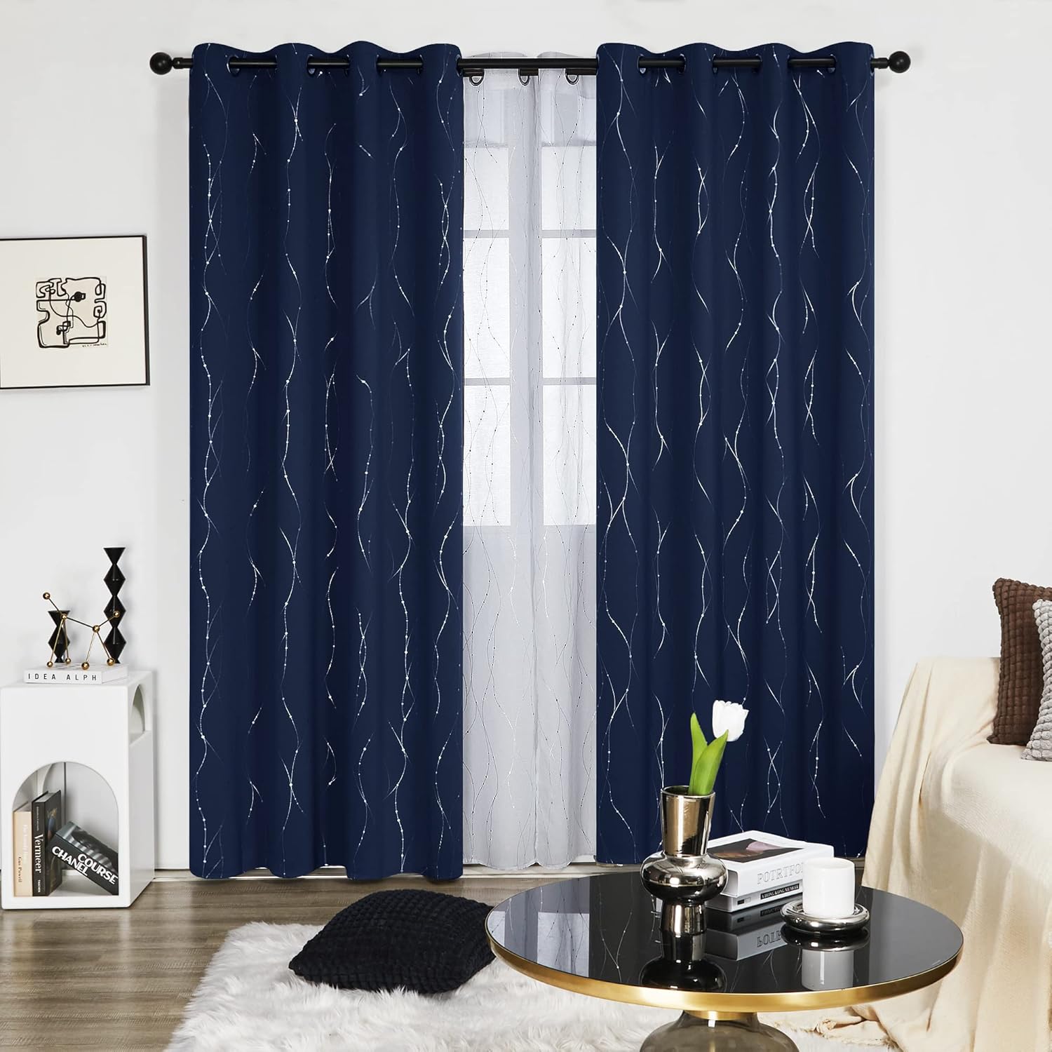 Deconovo Metallic Wave Foil Room Darkening Grommet Curtain Panels 2 Count