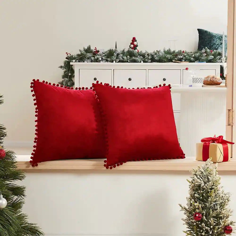 Deconovo Velvet Pom Pom Trim Throw Pillow Cover Set with Hidden Zipper, 2 Pack