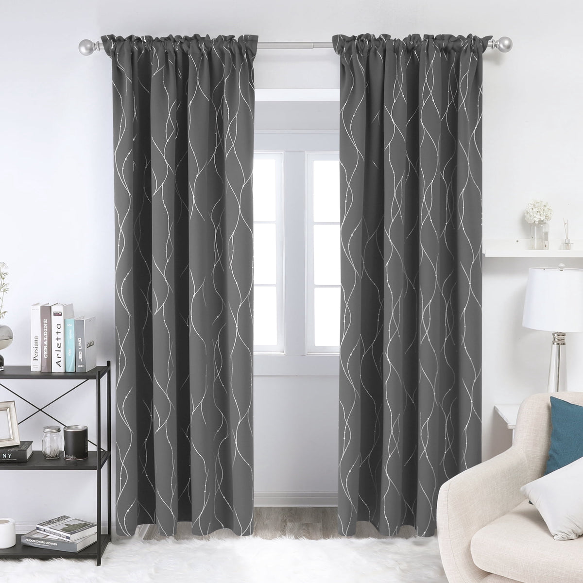 Deconovo Silver Wave Line Print Grommet Blackout Curtains, 2 Panels - Light Gray, 42 x 84