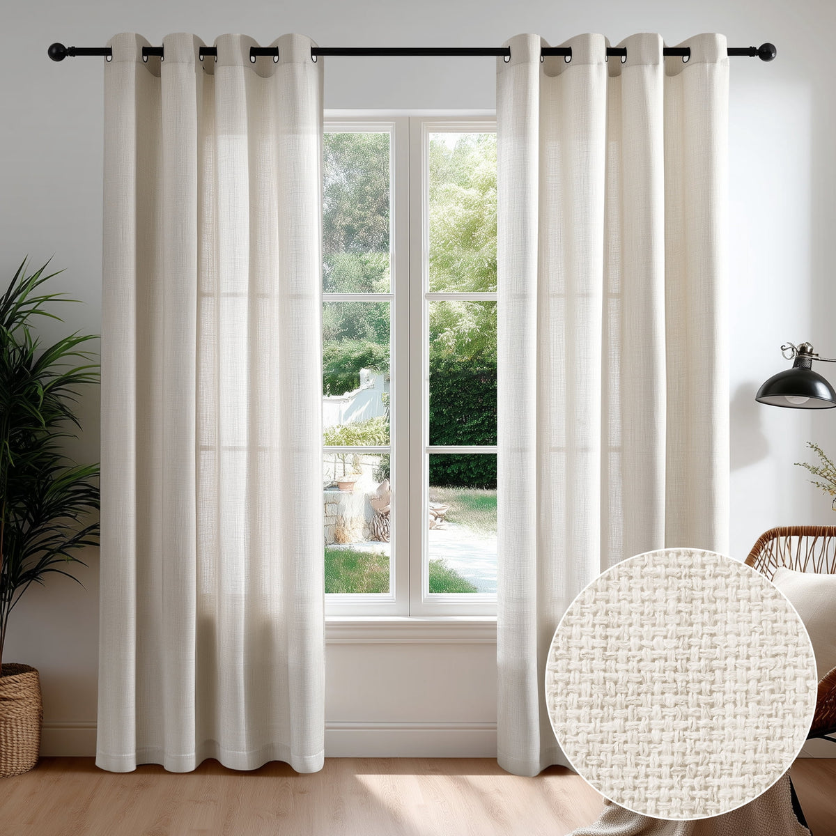 Deconovo Linen Texture Grommet Sheer Curtains, 2 Panels - Natural Linen, 52 x 84