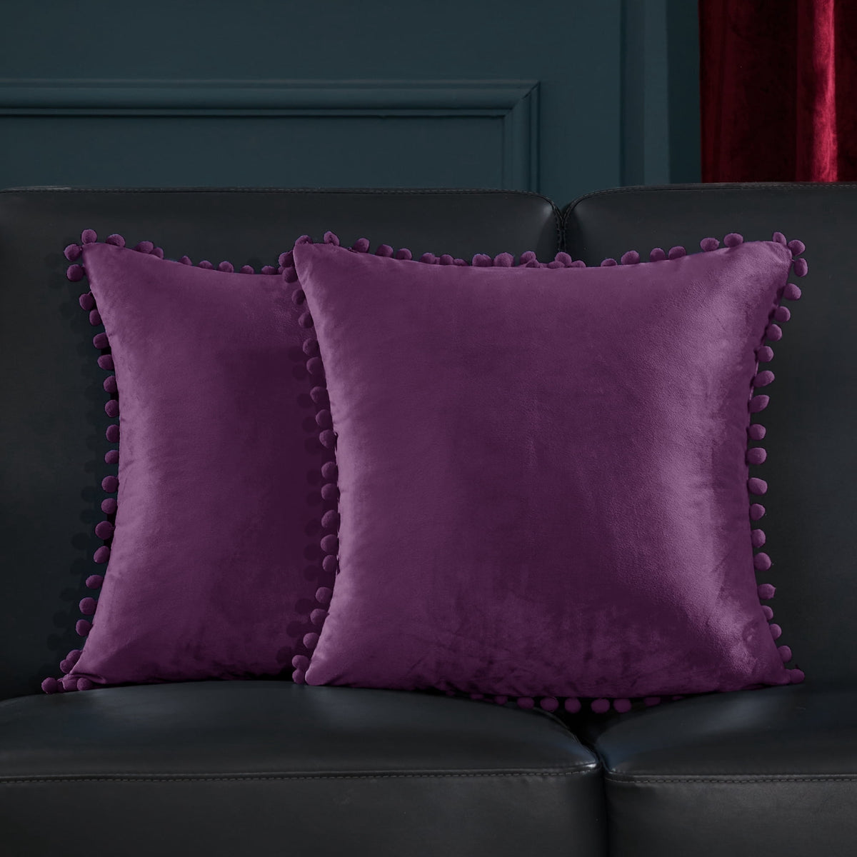 Deconovo Velvet Pom Pom Throw Pillow Covers, 2 Pack - Dark Purple, 22 x 22