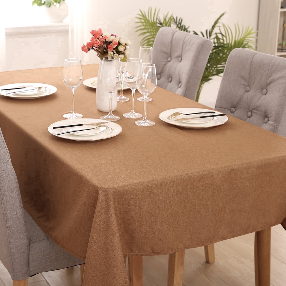 Deconovo Linen Look Tablecloth, Square and Rectangular Sizes - Cashew, 54 x 120