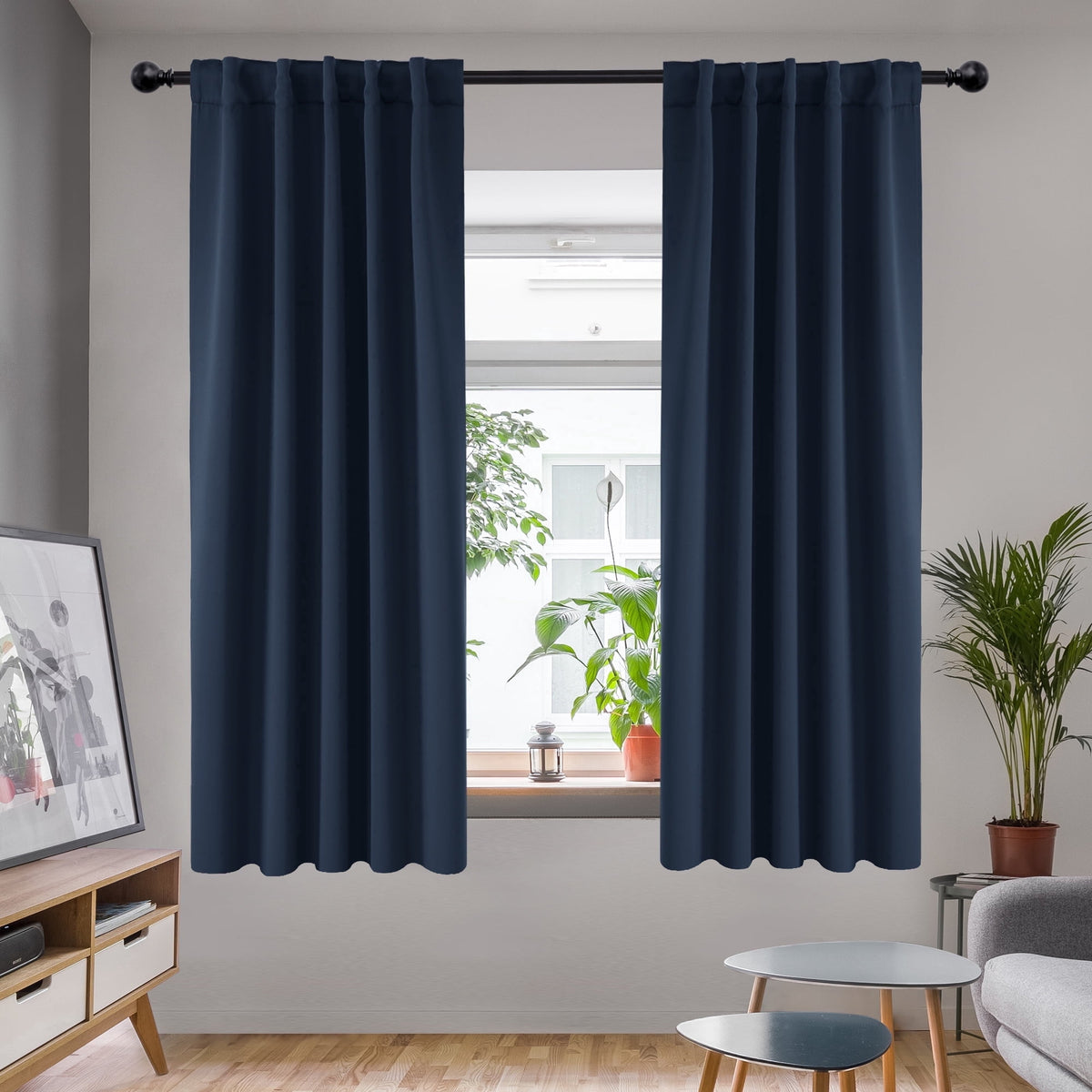 Deconovo Solid Blackout Back Tab and Rod Pocket Curtains, 2 Panels - Navy Blue, 42 x 63