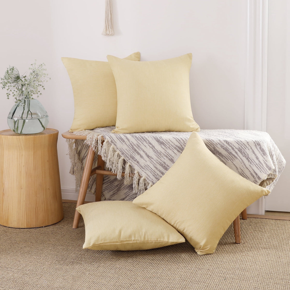 Deconovo Faux Linen Throw Pillow Covers, 4 Pack - Banana Yellow, 20 x 20, Fine Fau x Linen