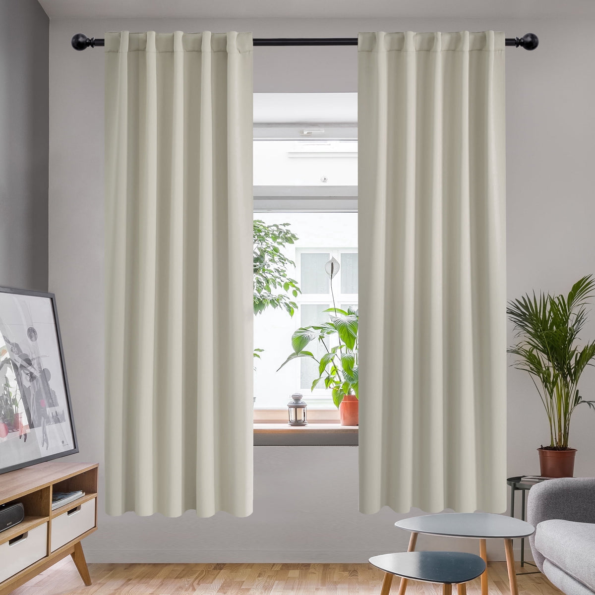 Deconovo Solid Blackout Back Tab and Rod Pocket Curtains, 2 Panels - Light Beige, 42 x 72