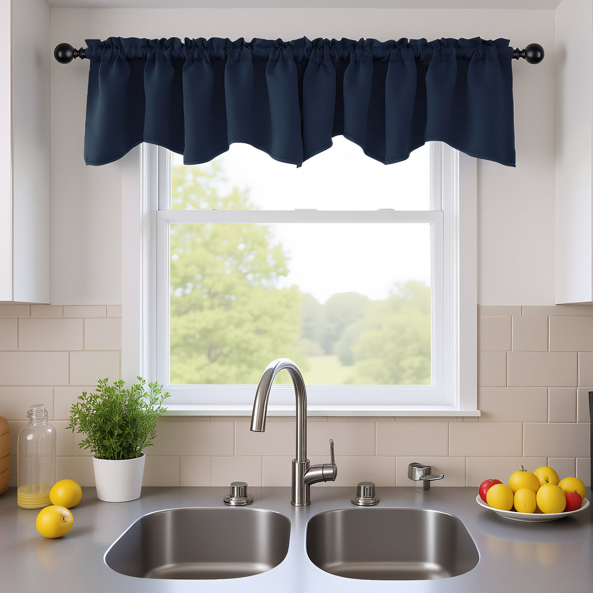 ZOPZO Scalloped Rod Pocket Window Valance, Navy Blue, 1 Panel - Navy Blue, 52 x 18