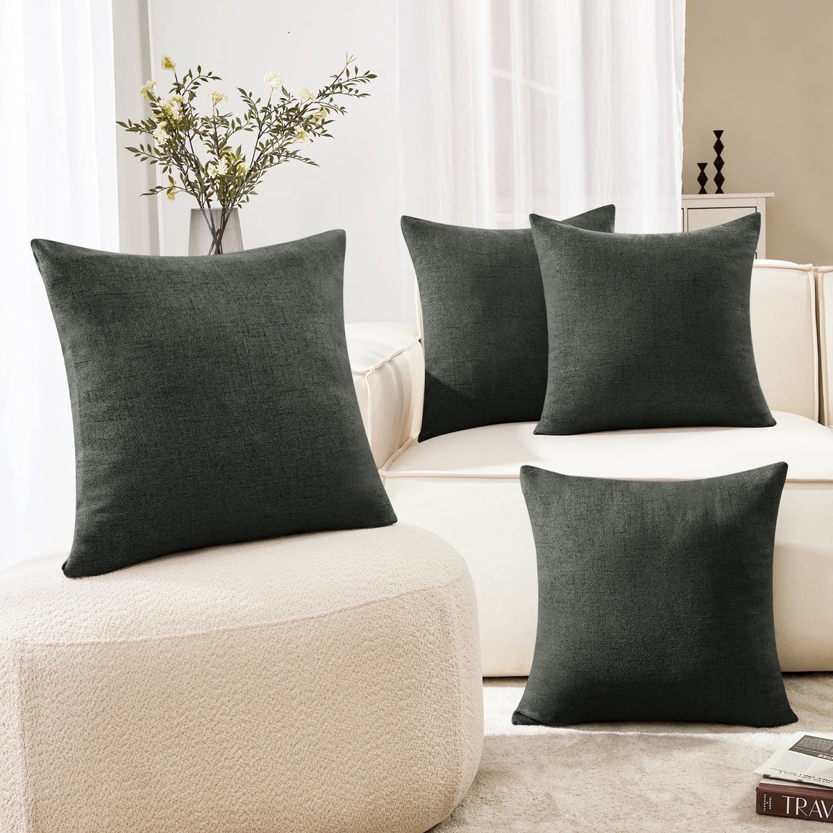Deconovo Rustic Faux Linen Throw Pillow Covers, 4 Pack - Dark Gray, 20 x 20