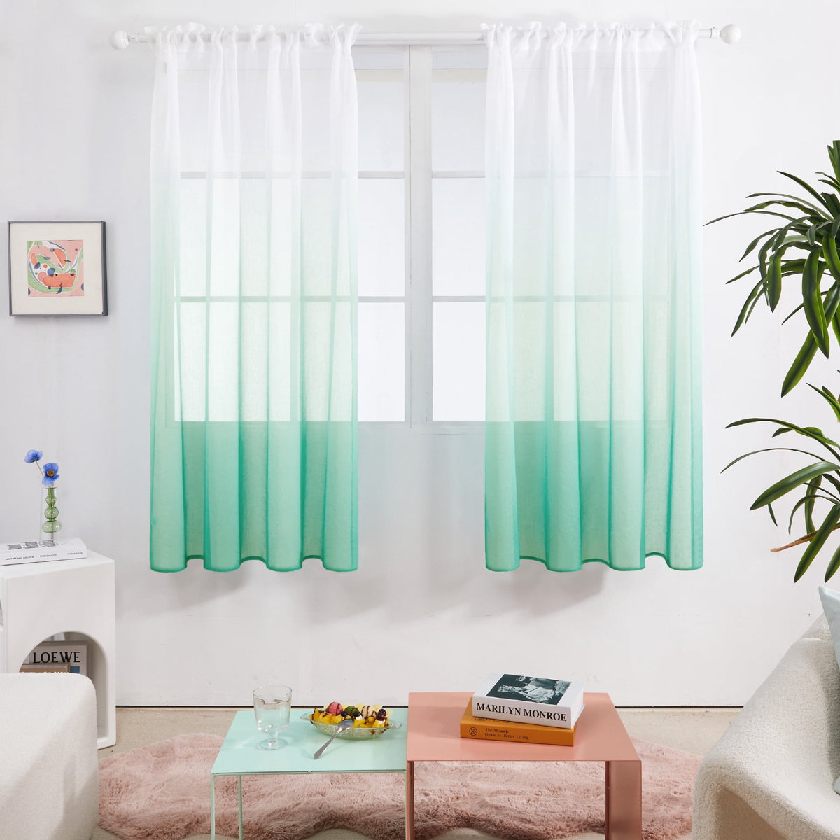 Deconovo Ombre Rod Pocket Sheer Curtains, 2 Panels - Green, 52 x 72