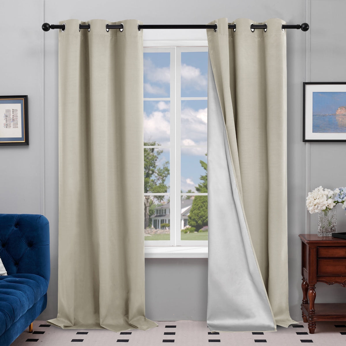Deconovo Silver Back Coating Grommet Blackout Curtains, 2 Panels - Light Beige, 42 x 84