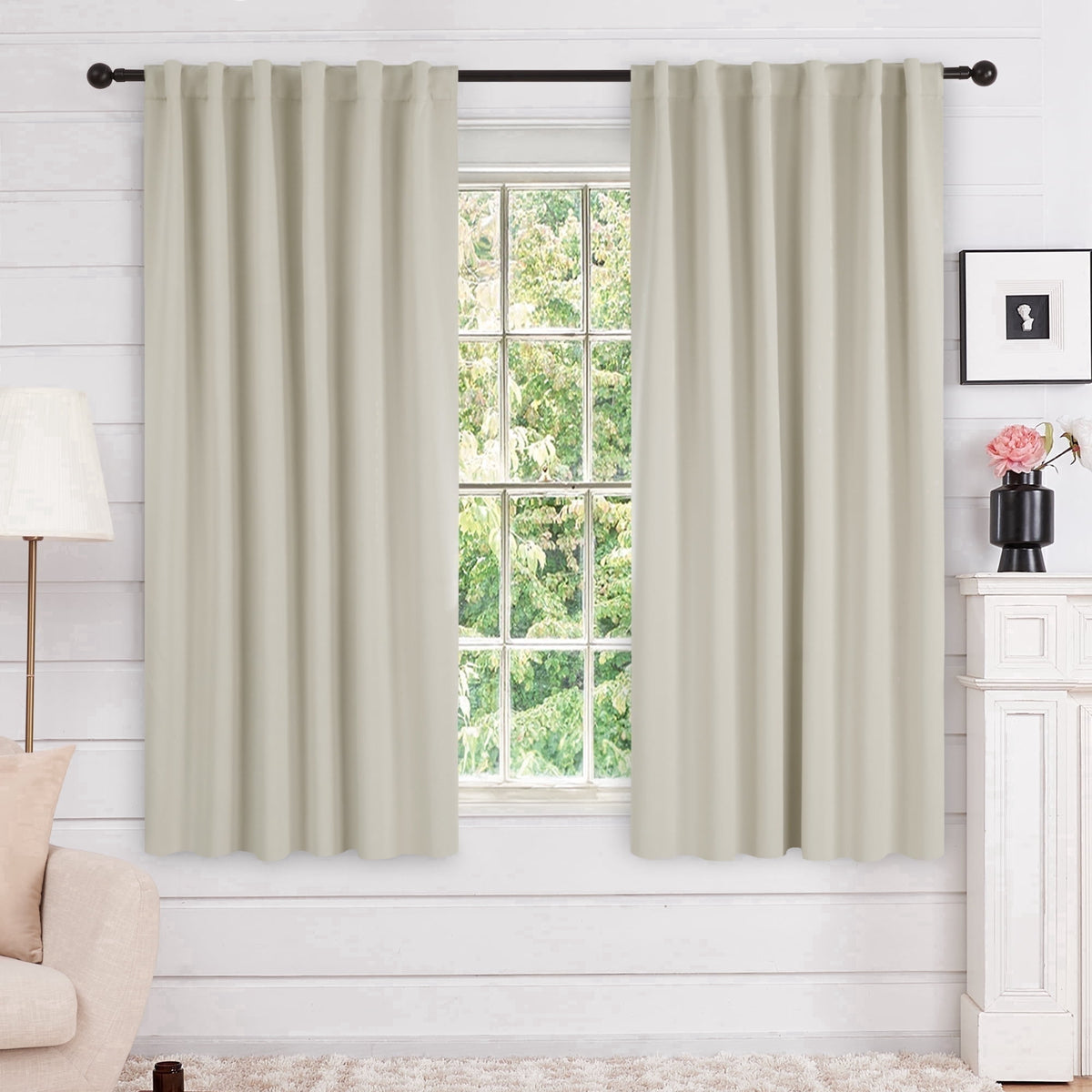 Deconovo Solid Blackout Back Tab and Rod Pocket Curtains, 2 Panels - Light Beige, 52 x 63