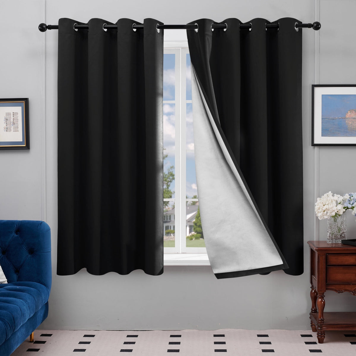 Deconovo Silver Back Coating Grommet Blackout Curtains, 2 Panels - Black, 52 x 72