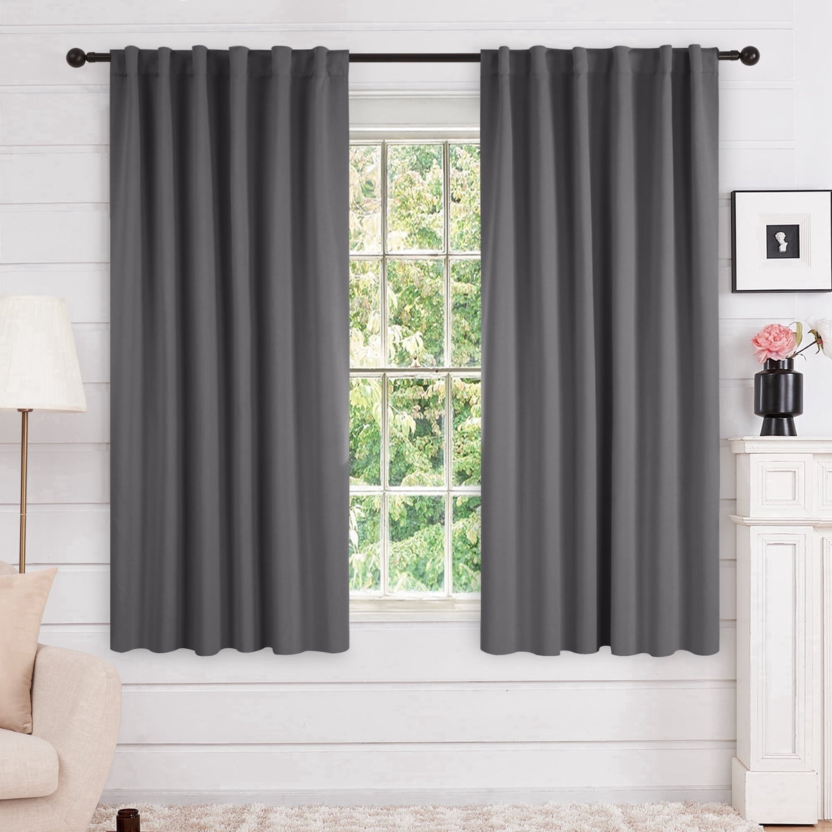 Deconovo Solid Blackout Back Tab and Rod Pocket Curtains, 2 Panels - Dark Gray, 52 x 63