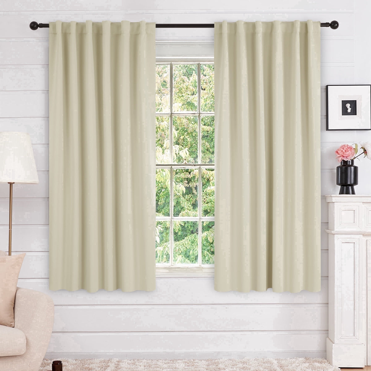 Deconovo Solid Blackout Back Tab and Rod Pocket Curtains, 2 Panels - Beige, 52 x 63