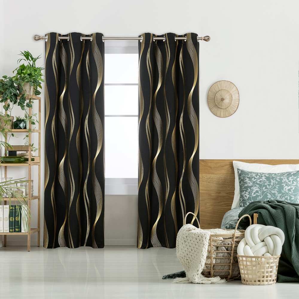 Deconovo Decorative Gold Wave Light Filtering Grommet Curtain Panels, Modern Window Curtains, 2 Pack