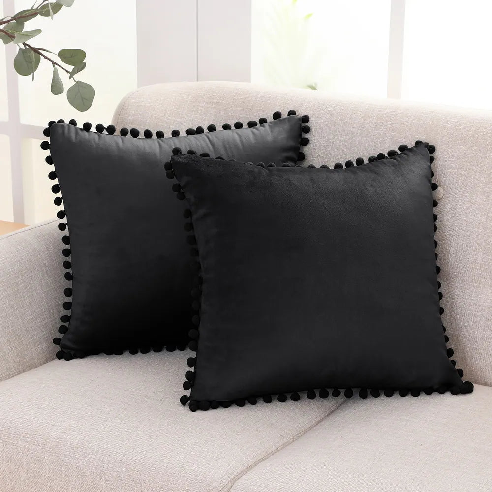Deconovo Velvet Pom Pom Trim Throw Pillow Cover Set with Hidden Zipper, 2 Pack