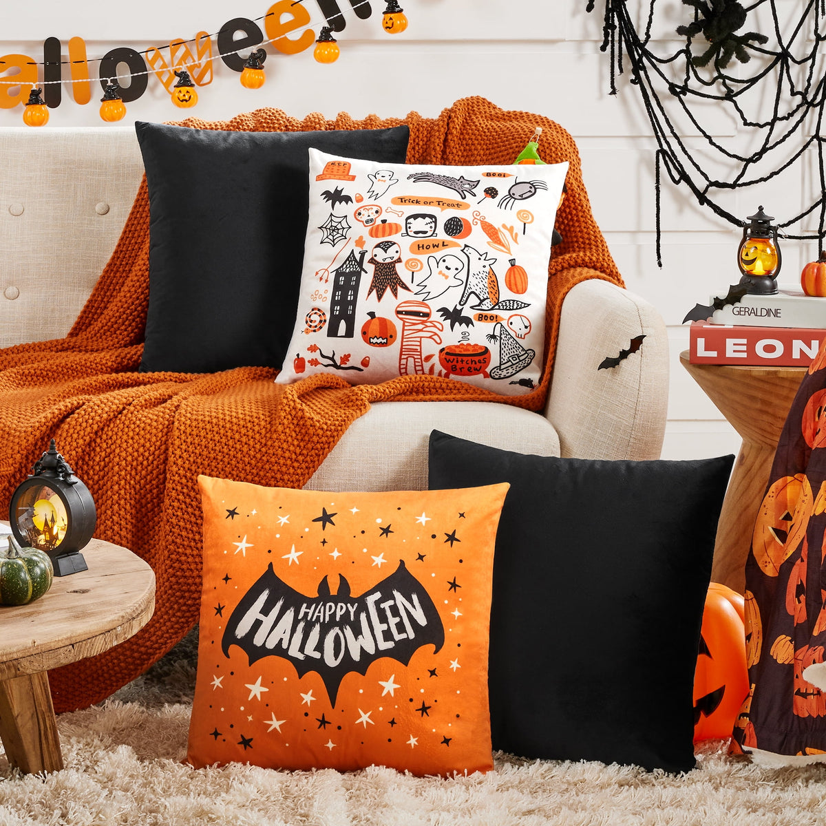 Deconovo Halloween Velvet Decorative Throw Pillows, 4 Pack - Black, 16 x 16