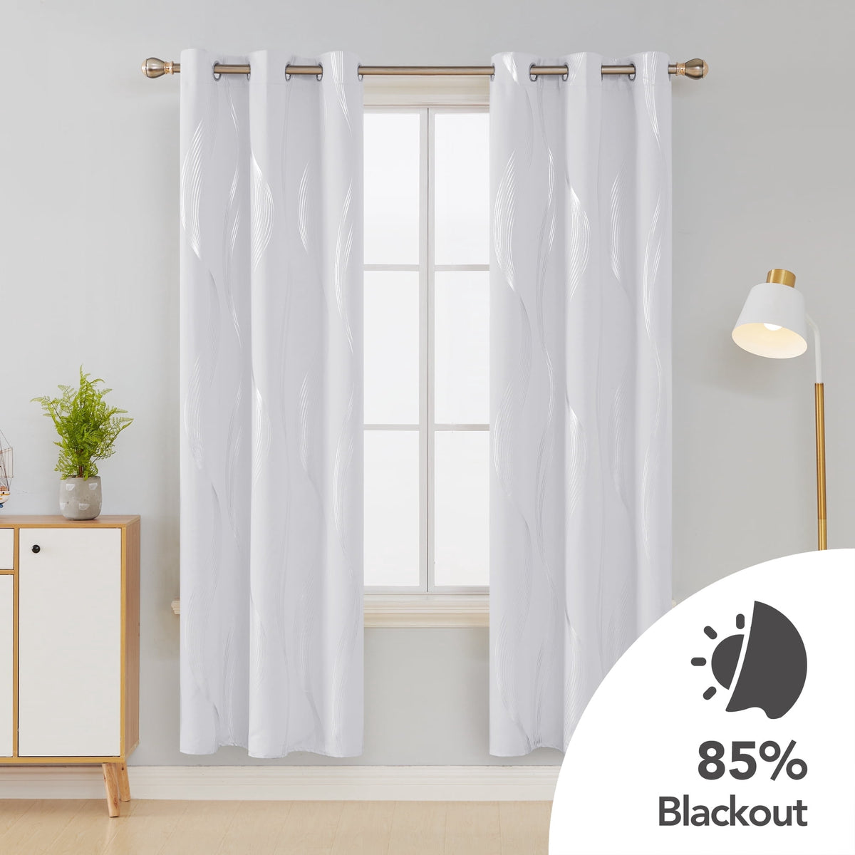 Deconovo Silver Wave Line Foil Print Grommet Blackout Curtains, 2 Panels - Light Grayish White, 42 x 84