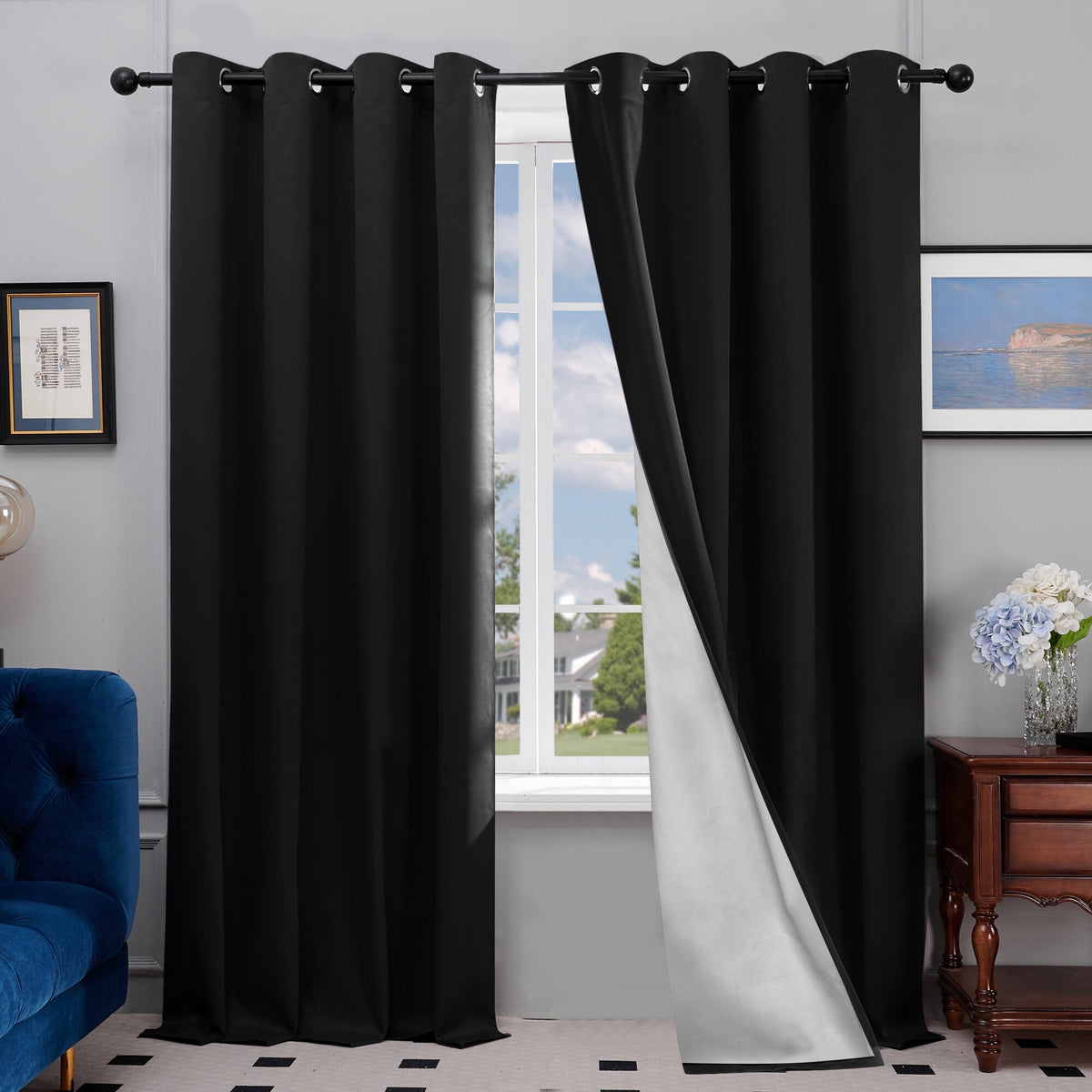 Deconovo Silver Back Coating Grommet Blackout Curtains, 2 Panels - Black, 52 x 84