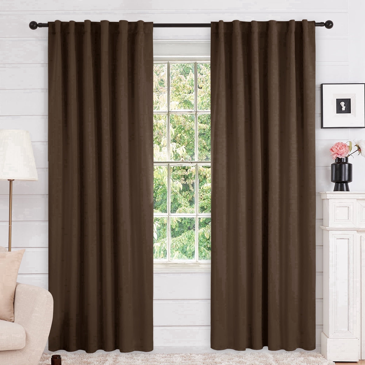 Deconovo Solid Blackout Back Tab and Rod Pocket Curtains, 2 Panels - Brown, 52 x 84