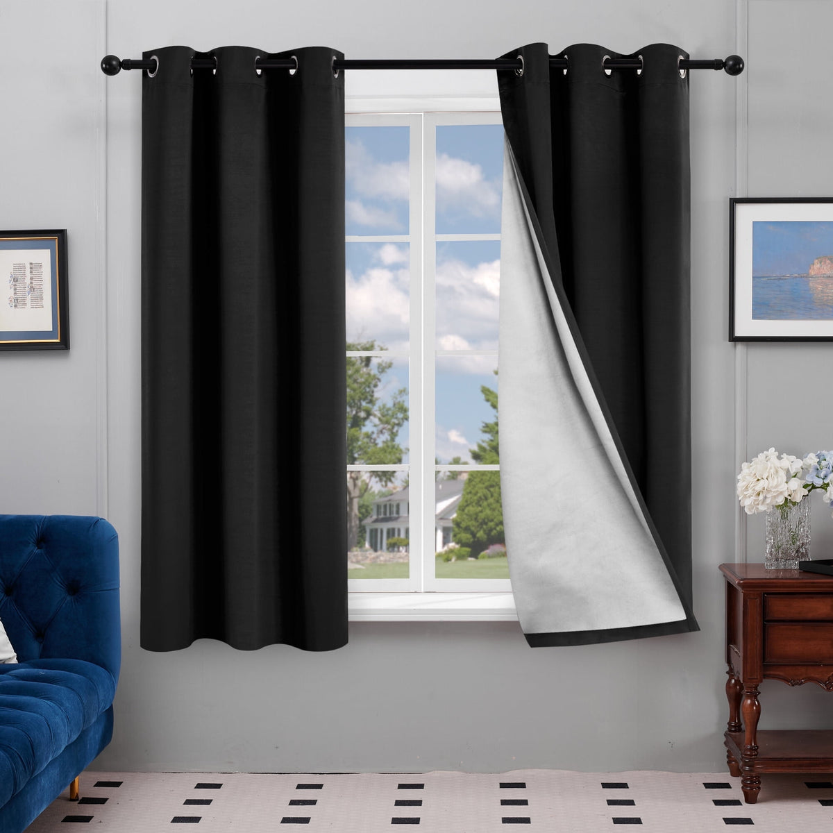 Deconovo Silver Back Coating Grommet Blackout Curtains, 2 Panels - Black, 42 x 72