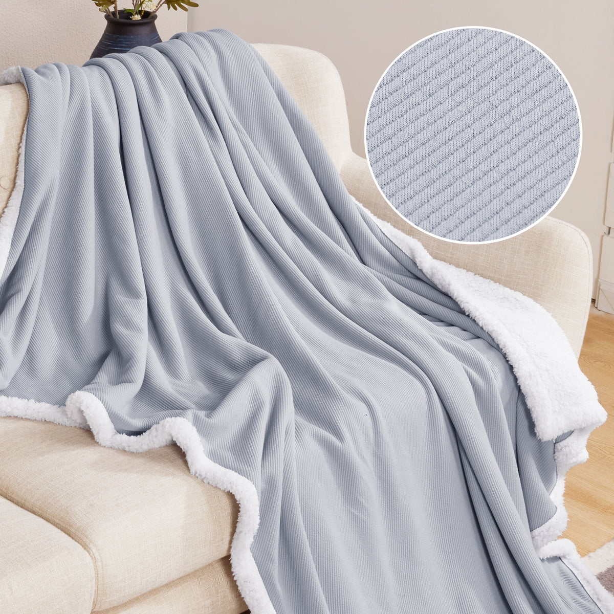 Deconovo Sherpa Throw Blanket, Gray, 60 x 80 Inch - Gray/Knitting, 60 x 80