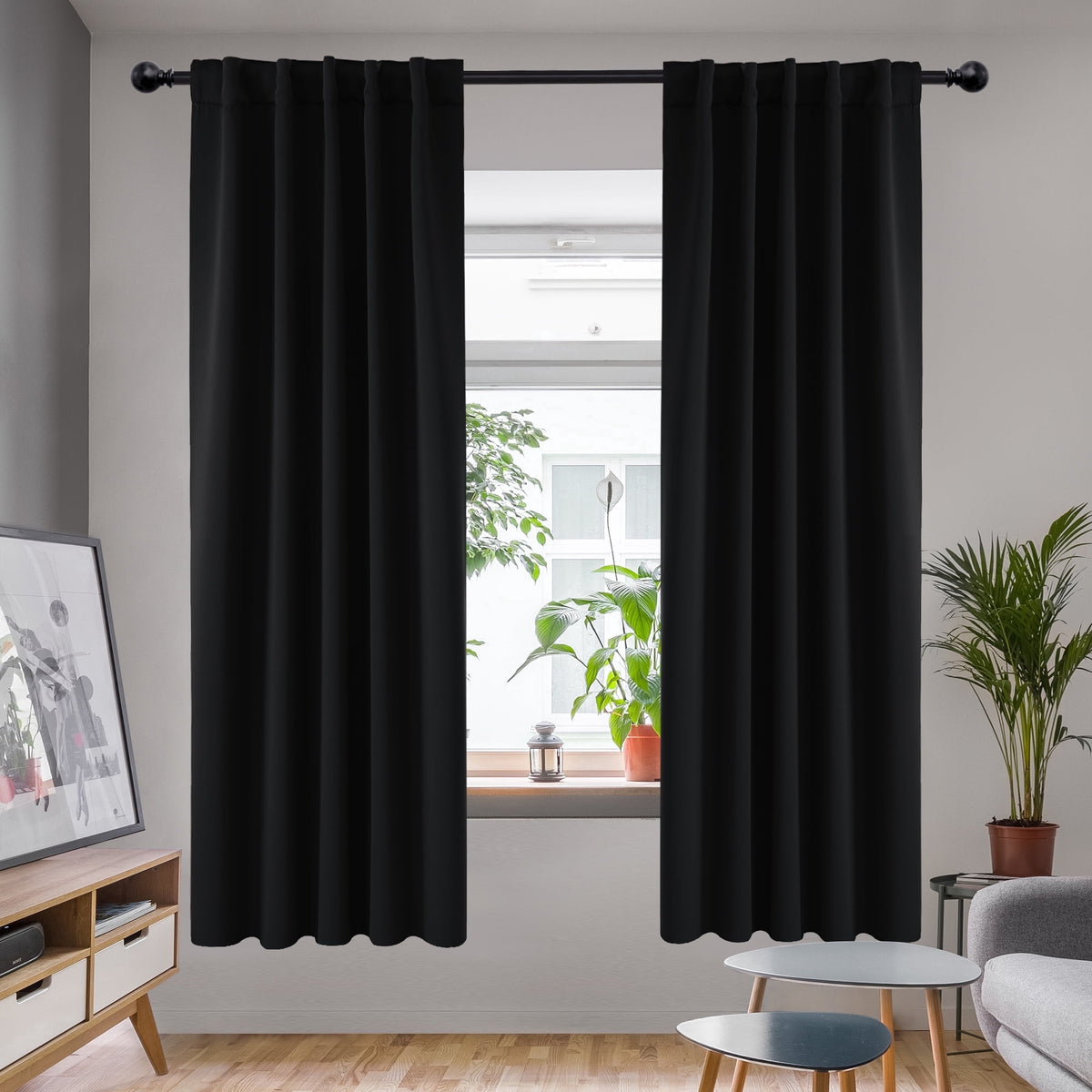 Deconovo Solid Blackout Back Tab and Rod Pocket Curtains, 2 Panels - Black, 42 x 72