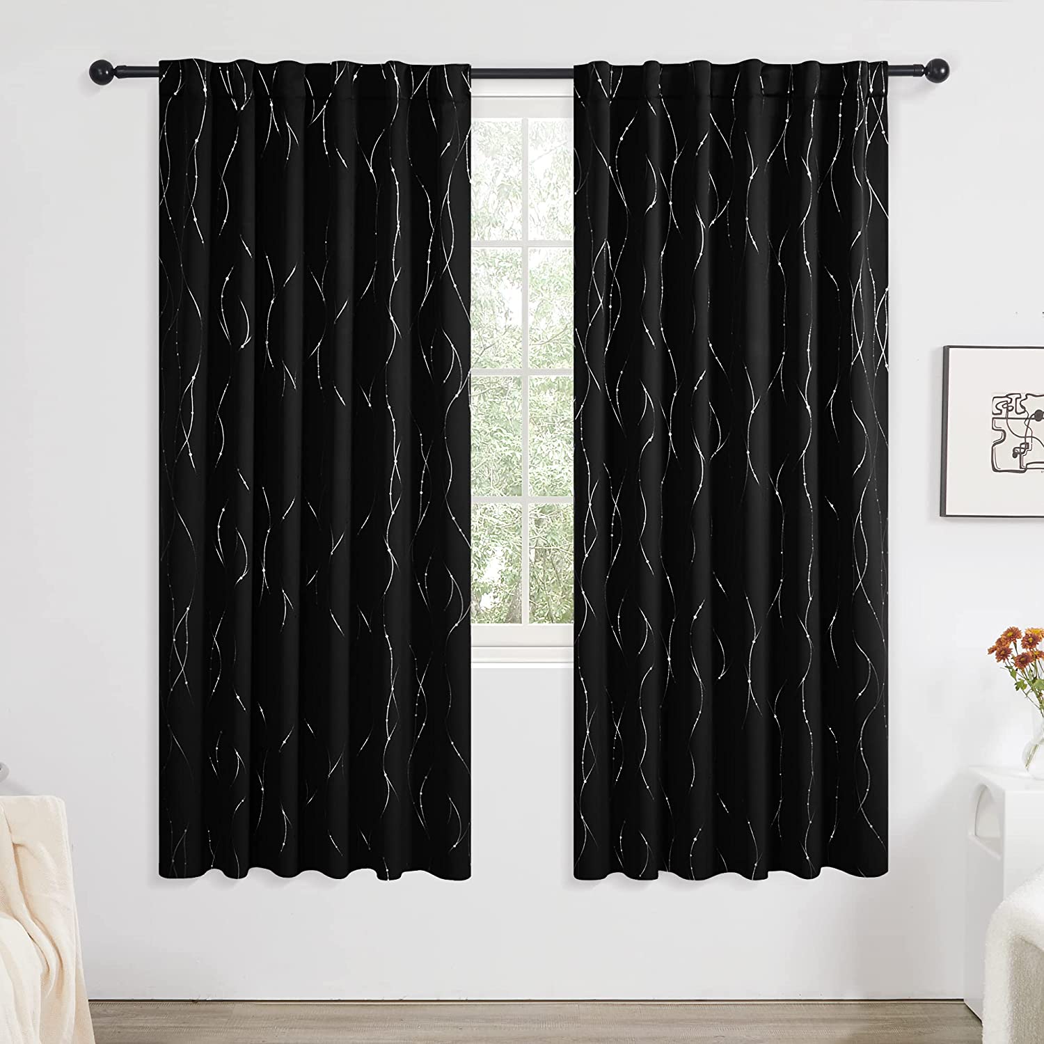 Deconovo Back Tab Silver Lines with Dots Curtain Panel Pairs(2 Panel)