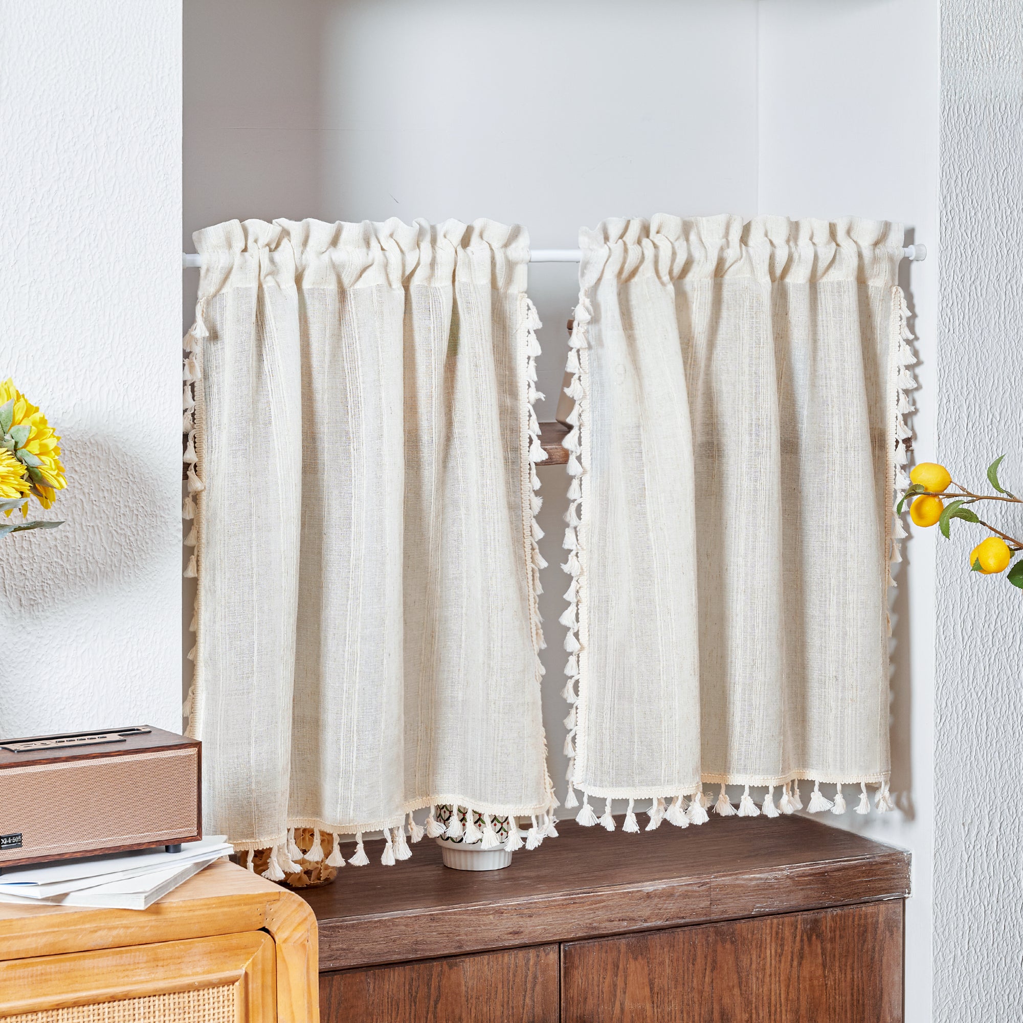 Deconovo Faux Linen Kitchen Tier Curtains, Light Filtering (2-Pack)