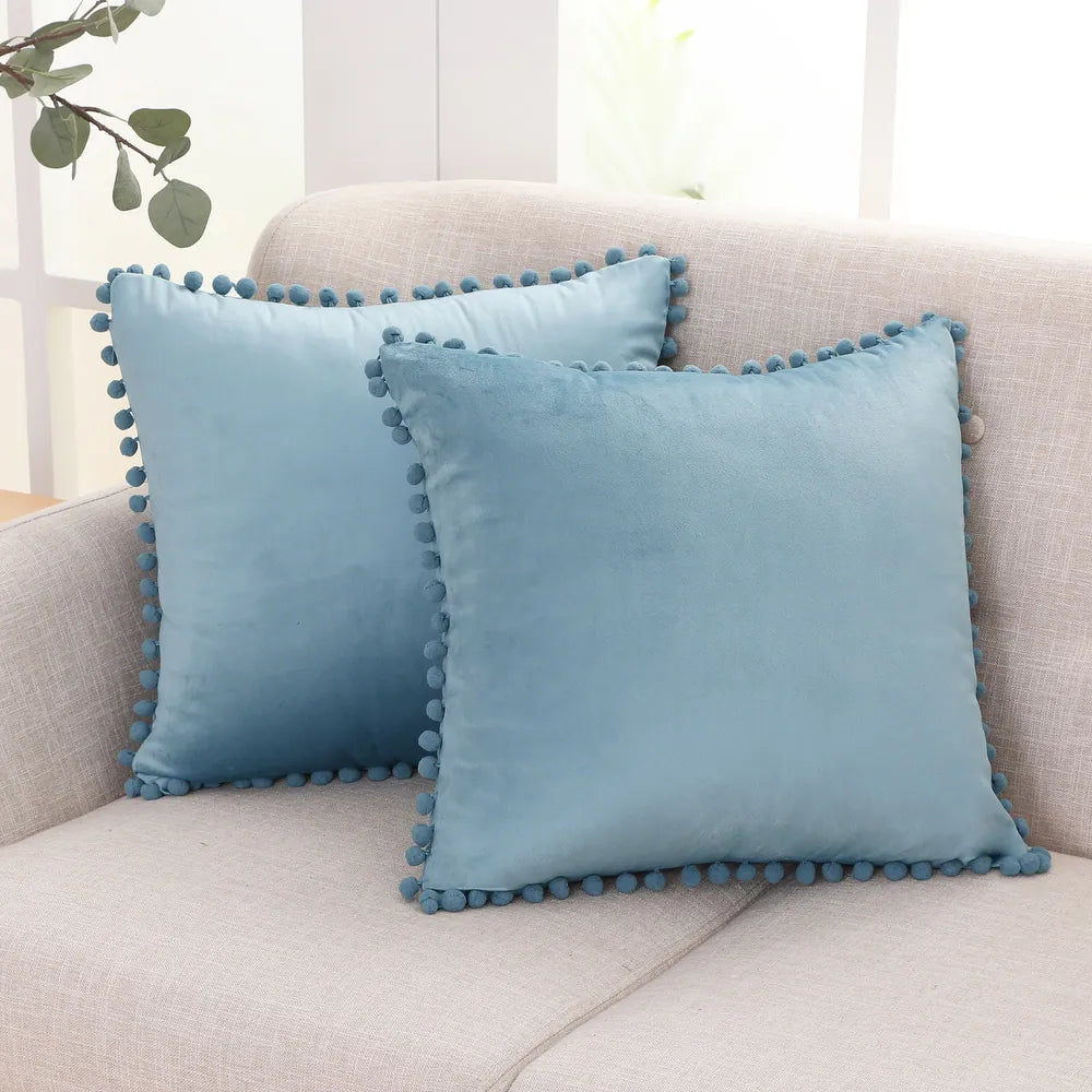 Deconovo Velvet Pom Pom Trim Throw Pillow Cover Set with Hidden Zipper, 2 Pack