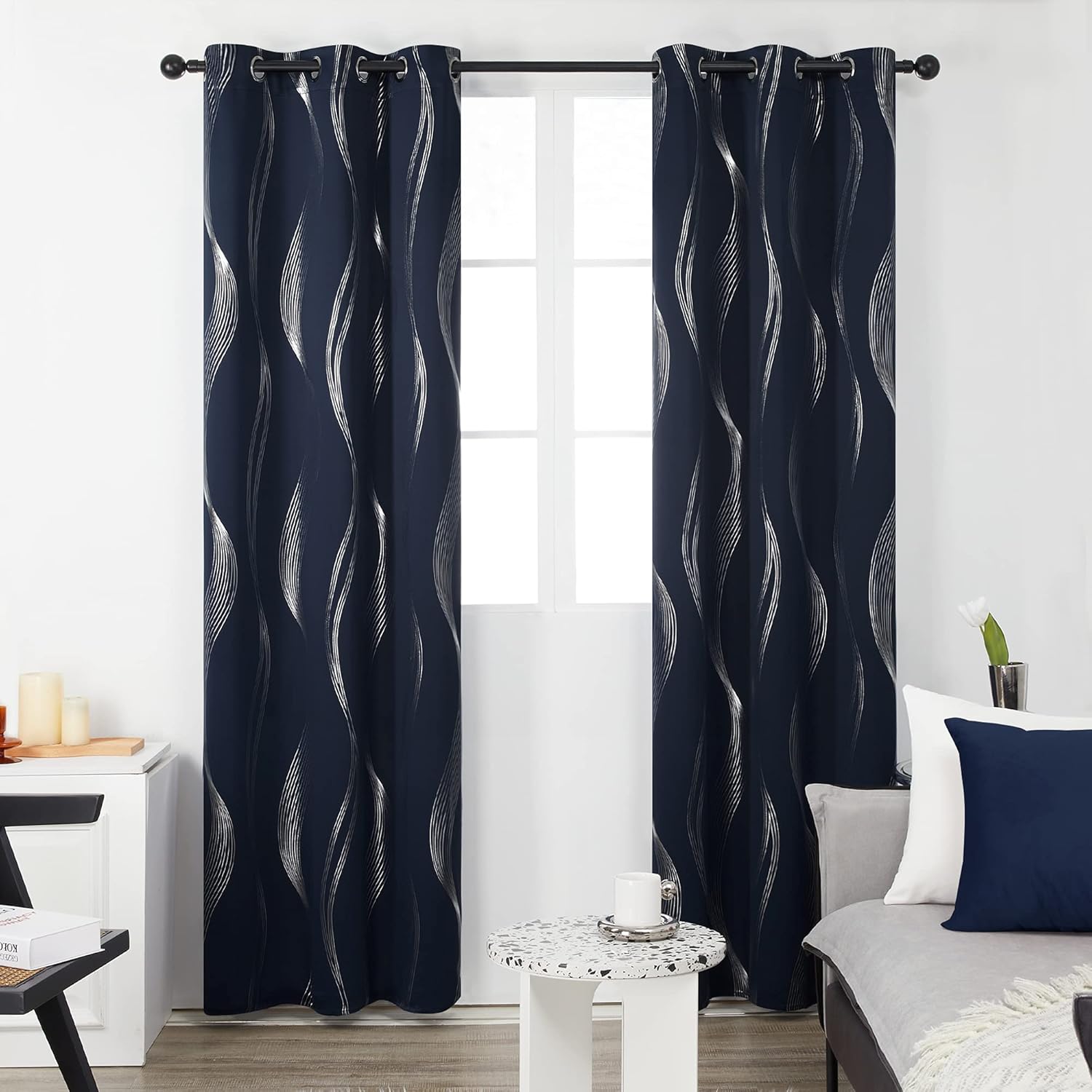 Deconovo Foil-Accented Wave Design Thermal Room Darkening Grommet Curtain Panels, Set of 2