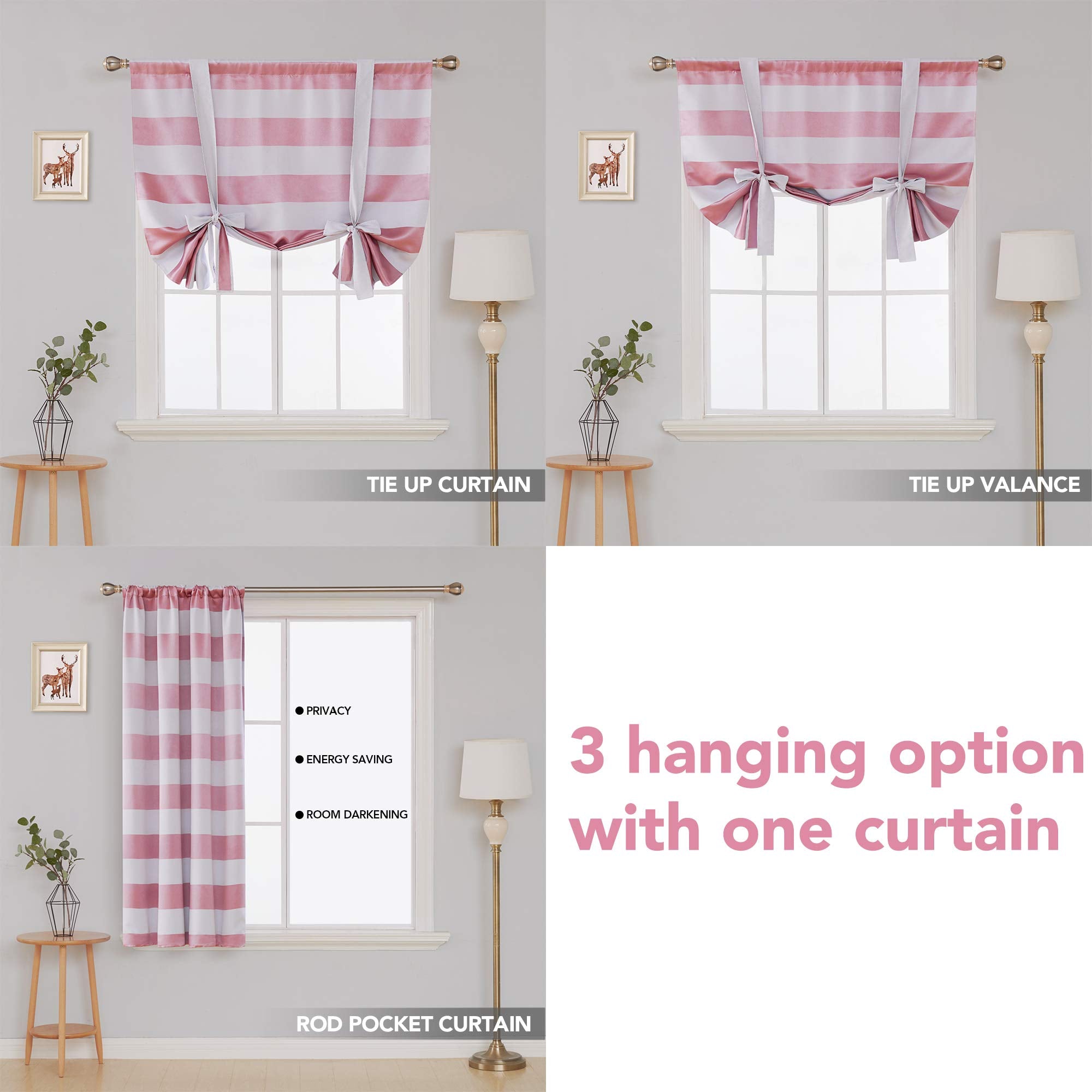 Deconovo Striped Tie-Up Room Darkening Curtain Shade, 1 Panel
