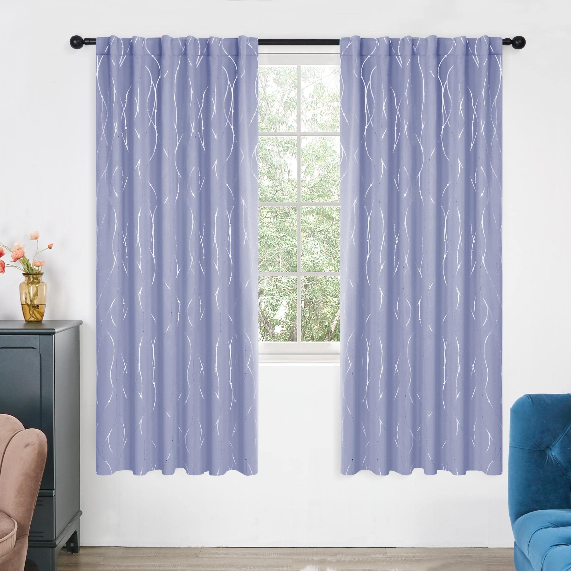 Deconovo Back Tab Silver Lines with Dots Curtain Panel Pairs(2 Panel)