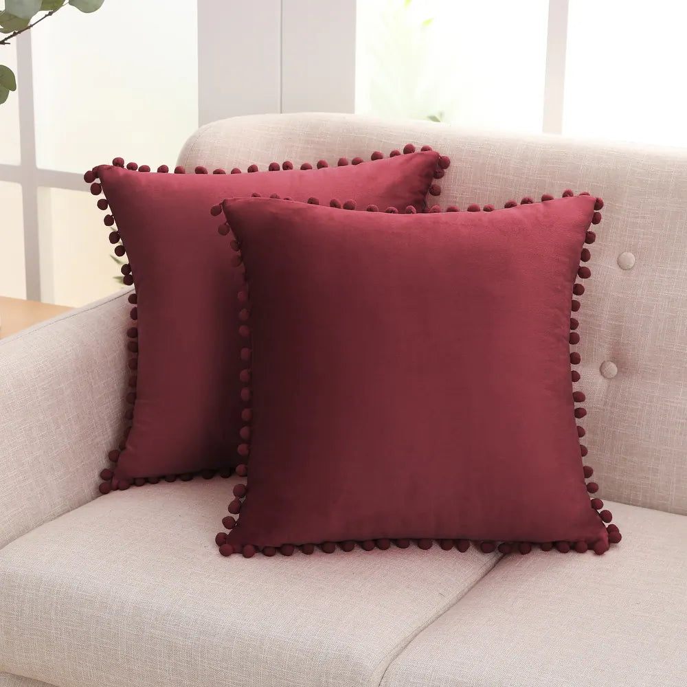 Deconovo Velvet Pom Pom Trim Throw Pillow Cover Set with Hidden Zipper, 2 Pack